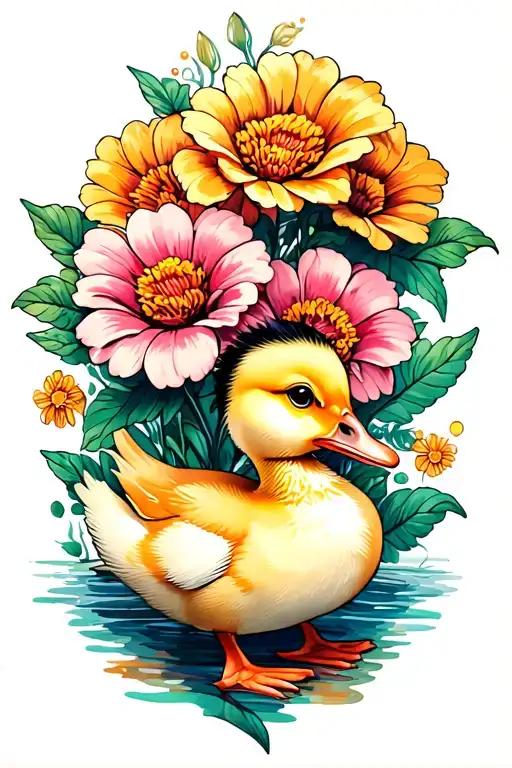Baby Duck And Tall Flowers