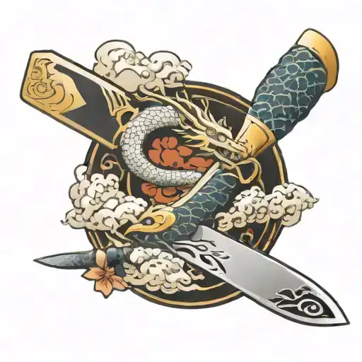 Miyabi Knife With Japanese Dragon Flying Around The Blade With Japanese's Style Clouds And Blossom