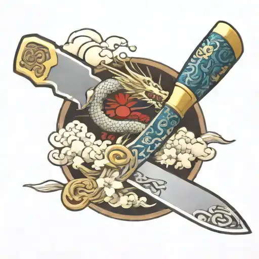 Miyabi Knife With Japanese Dragon Flying Around The Blade With Japanese's Style Clouds And Blossom