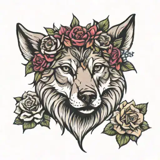 Face Wolf Flowers Crown Moon