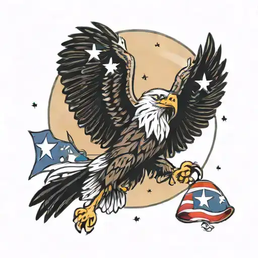 Strong Eagle With A Tethered American Flag With A Full Moon And Taurus Constellation In The Sky