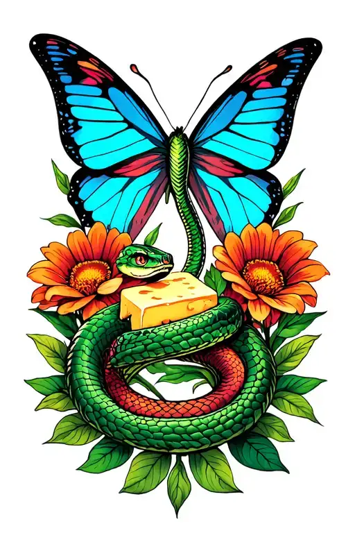 Snake In Flowers Surrounding With Butter Fly Coming
