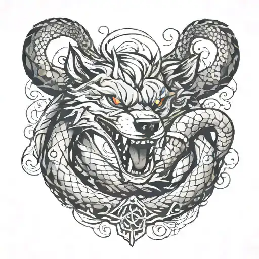 Wolf Fighting Snake Intertwined