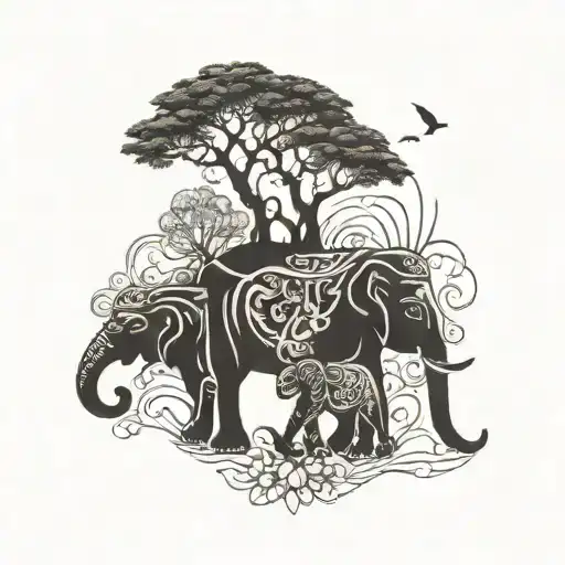 Elephant With Silhouette Woman And Children