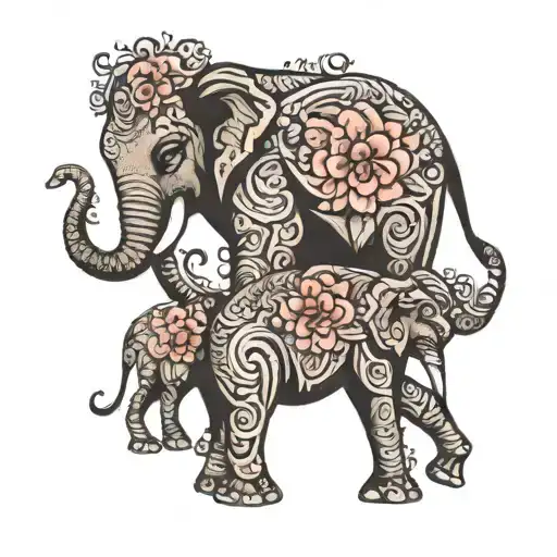 Elephant With A Woman And 2 Children In A Silhouette