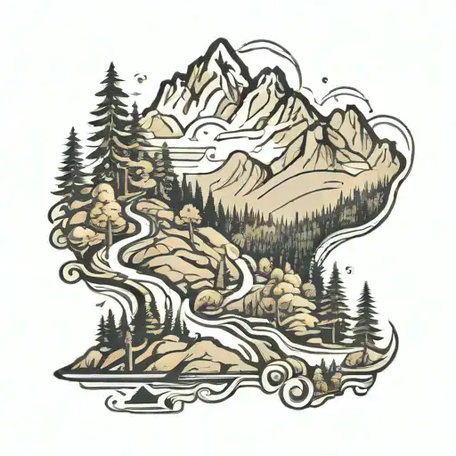 Mountains With Trail Winding Through A Forest With Hiker