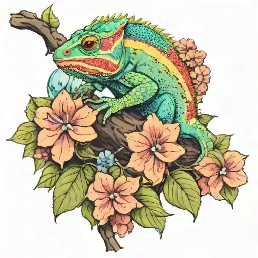 Chameleon Sitting On Branch Of Hydrangea On Waterfall