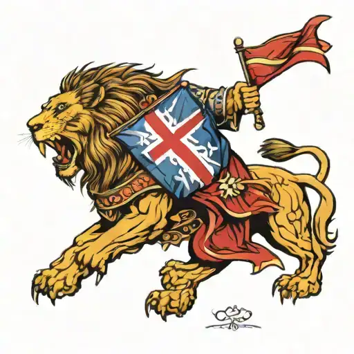 Roaring Lion Surrounded By A Crusader Carrying An England Flag