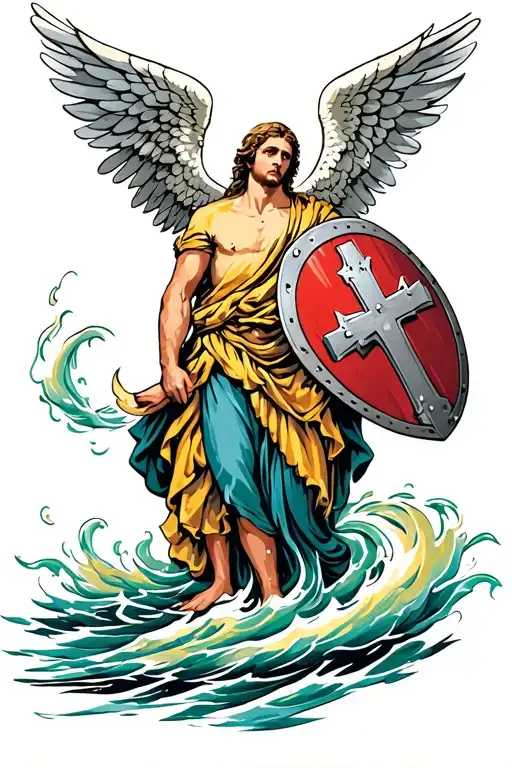 Guardian Angel Holding Shield With Cross In A Hurricane