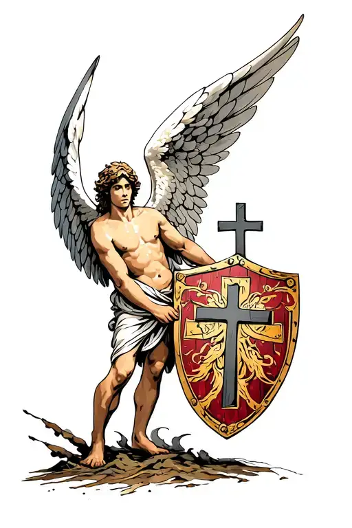 Guardian Angel Holding Shield On The Ground With Cross In A Large Hurricane