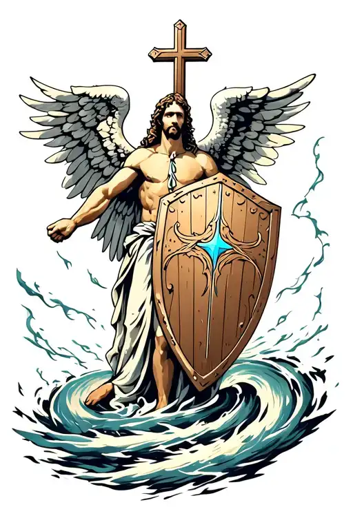 Guardian Angel Holding Shield With A Cross Surrounded By A Hurricane
