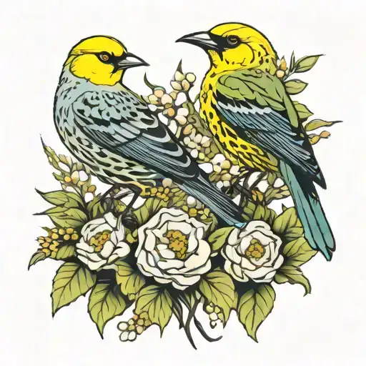 Starling And Yellowhammer On Irish Plants