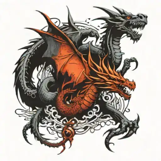 Create A Tattoo With Dragon And Phenoix Figting While Demon Holding His Throne For Back