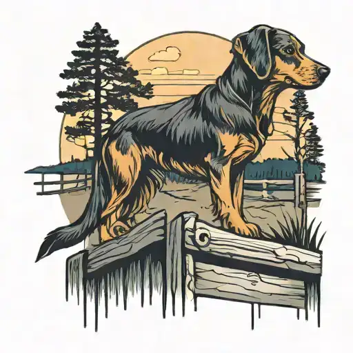 Dog Sitting On Top Of A Hill Next To Split Rail Fencing