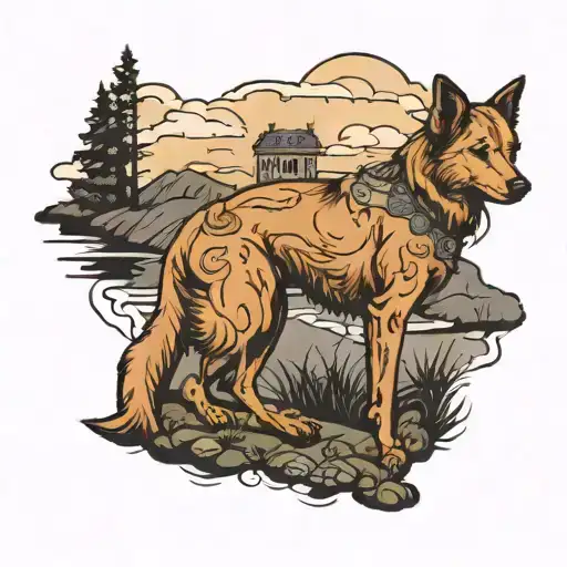 Back Side Of Dog Sitting On Top Of A Hill Overlooking