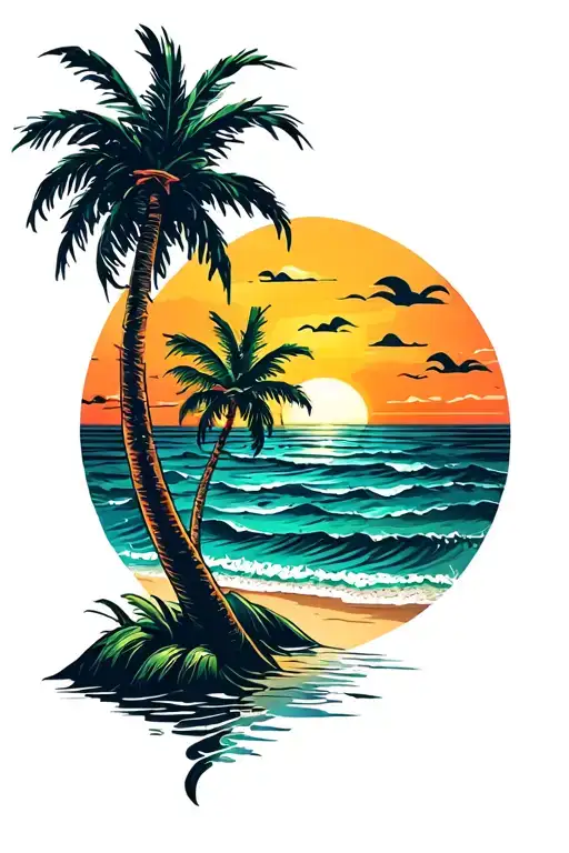 Sunset Beach Scene With Palm Trees Distressed At Sides