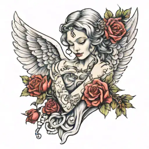 Angel Wings Woman With Tear Holding Roses And Wreath Entwined With Chain