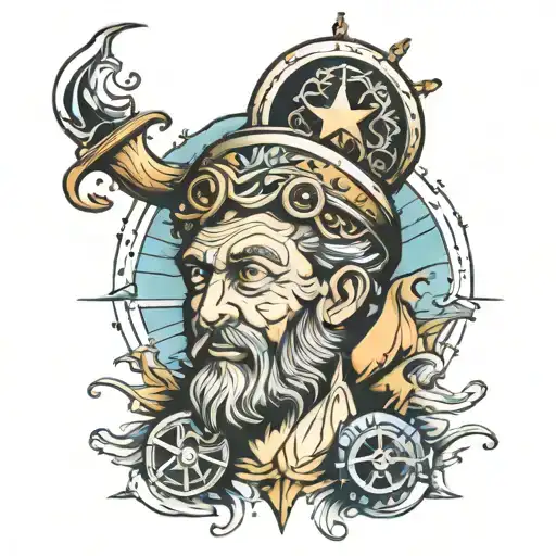 God Tattoo With Nautical Theme On Face Upper Sholder