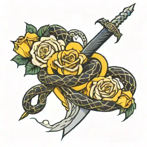 Sword Through A Heart And A Snake Wrapped Around The Sword And Yellow Roses