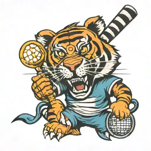 Cartoon Tiger Holding A Lacrosse Stick And A Chalice