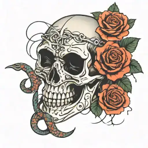 Skull With Eyes And Snake With Roses And Barbed Wire
