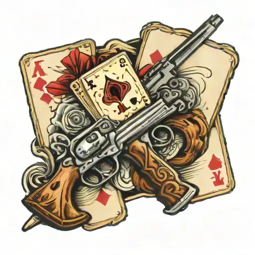 Two Old Western Style Guns Crossing Each Other With A Pack Of Playing Cards Behind Them