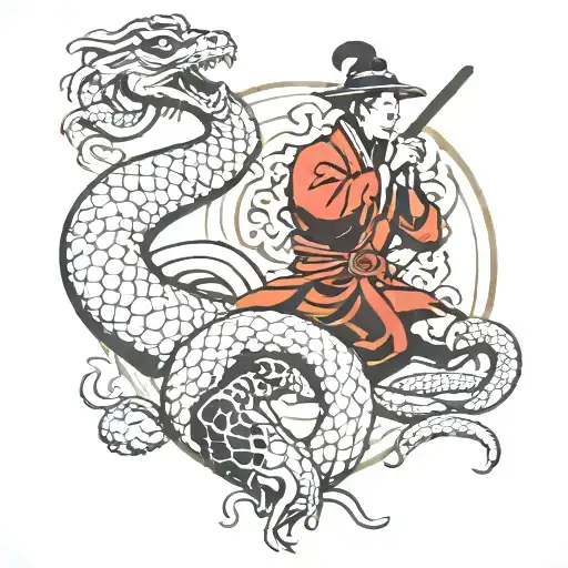 Lying Yang Symbol With A Snake And Samurai Warrior