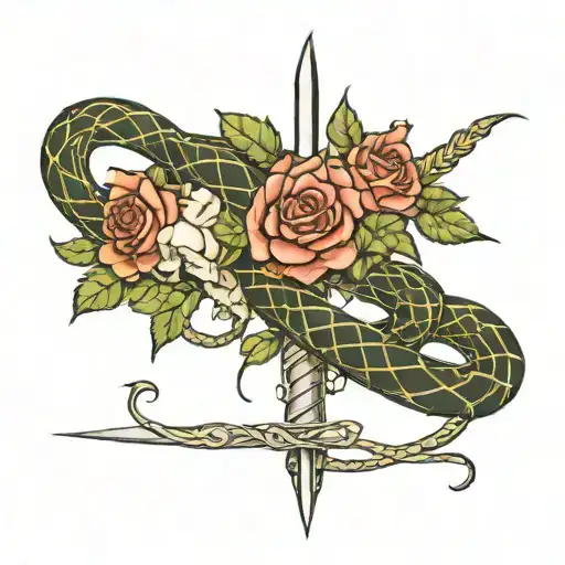 Snake And Roses Intertwined With Vines Around A Sword