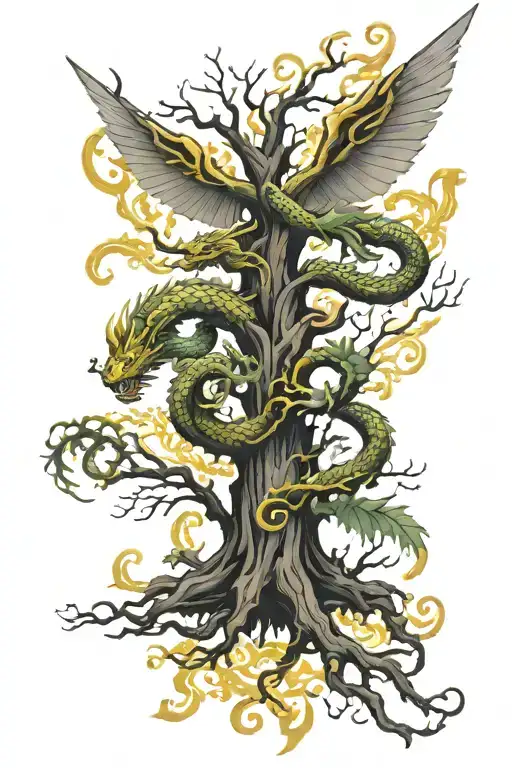 Tree With Golden Dragon Wings Spread