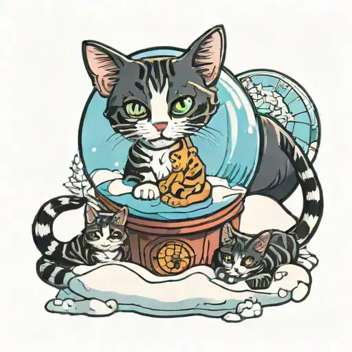 2 Cats Lie Around A Snow Globe In Which The House