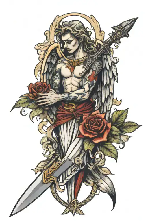 Angel On A Bloody Dagger Surrounde By A Snake And A Phoinex Standing On The Dagger