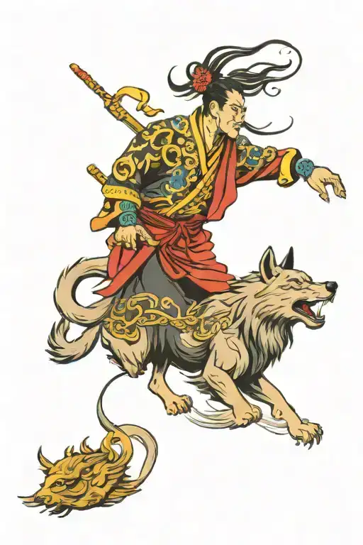 Sun Wu Kong With A Wolf And A Canary Bird Flying Towards