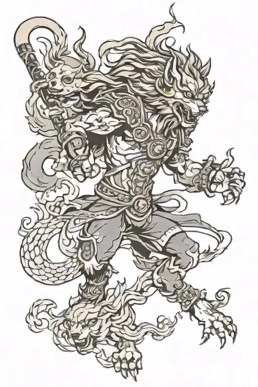 Sun Wukong With A Wolf And A Canary Bird Flying Towards