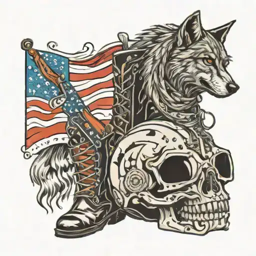 Cross American Flag Boots Helmet And Black Wolf