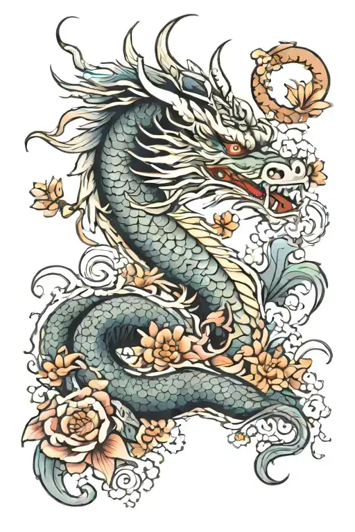Japanese Dragon And Flowers