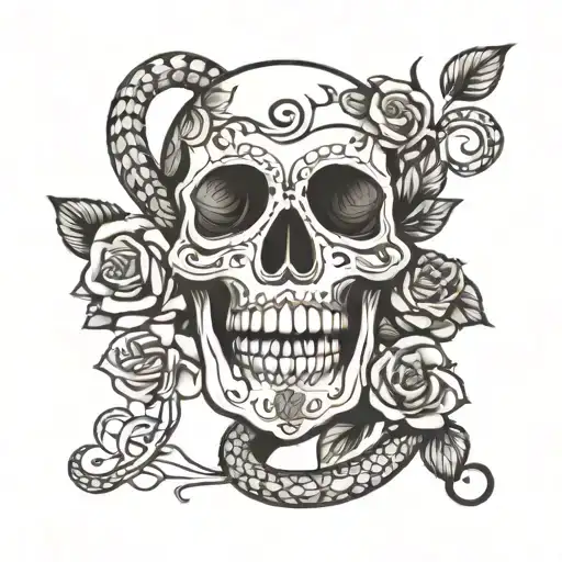 Sugar Skull Roses And Snake Intertwined