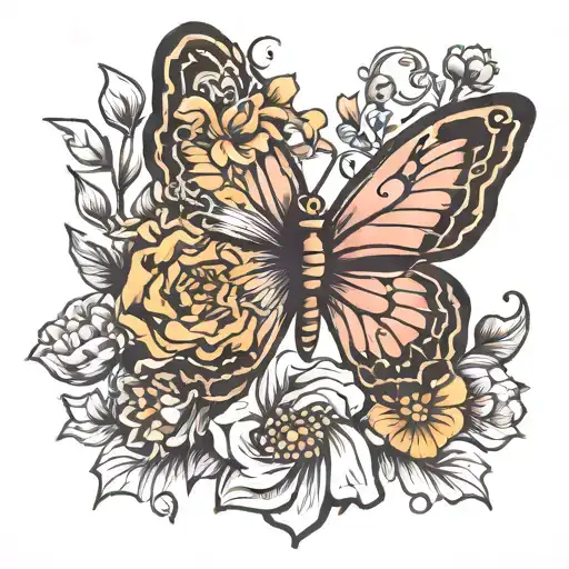 Butterfly And Flower With Cancer Ribbon