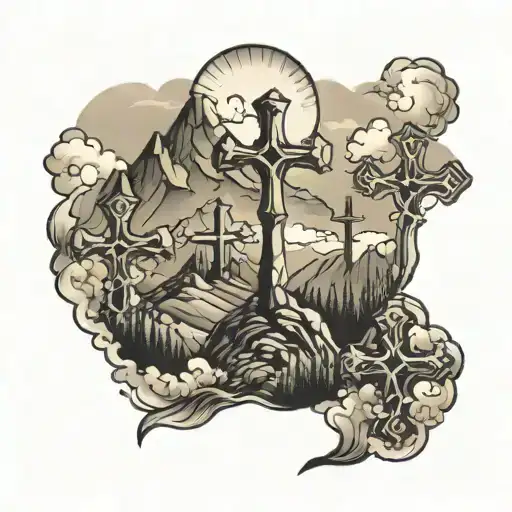 Three Crosses On A Mountain Range