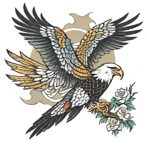 Japanese Pheasant And American Bald Eagle Flying