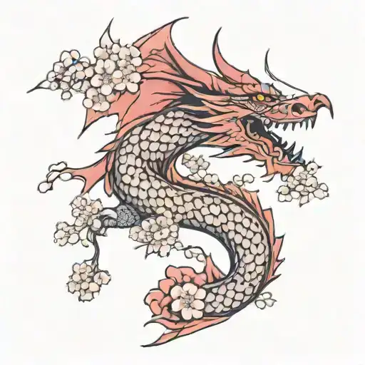 Red Dragon With Cherry Blossoms