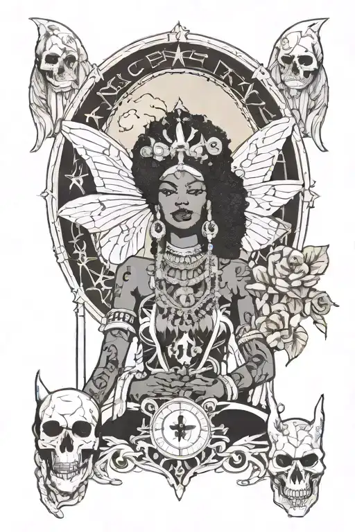 Black Female Afro High Priestess With Skulls Crystals And Lunar Moth Tarot Card