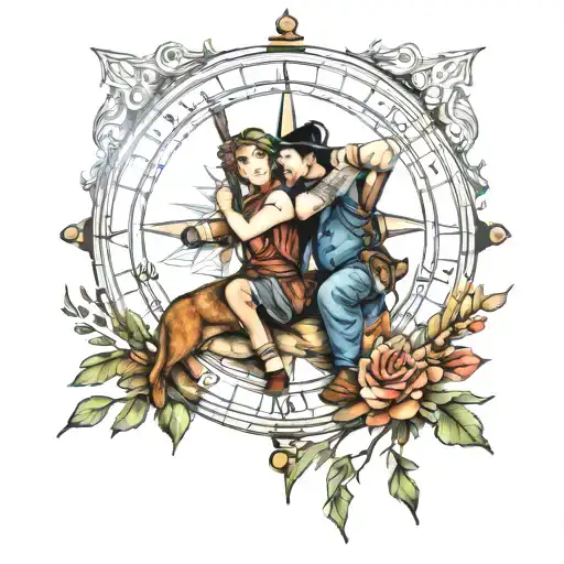 Couples Compass And Bow Hunting Scene