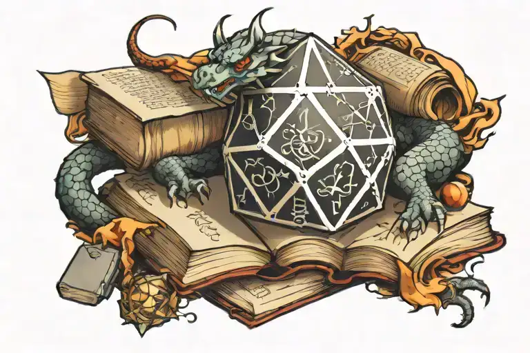 D20 With Dragon And Books