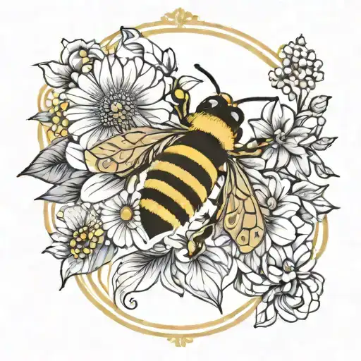 Flowers And A Bee With A Gold Frame Around Them