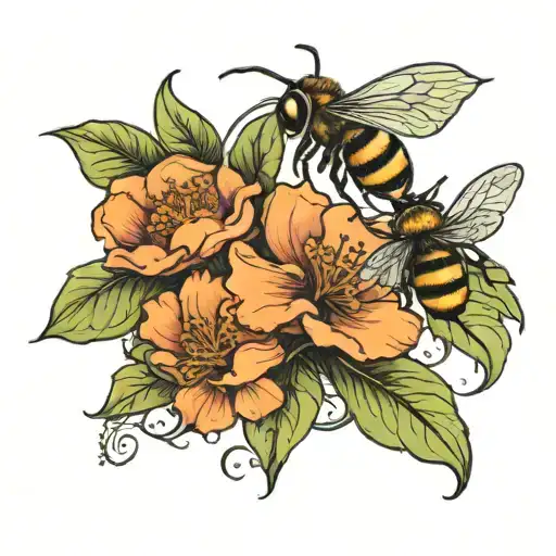 Two Flowers And A Bee In Art Nouveau Style