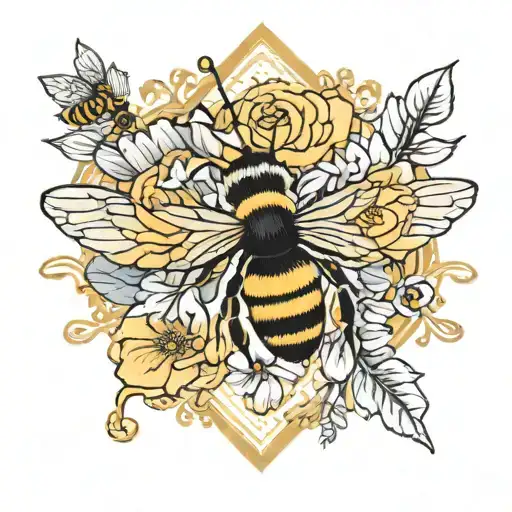 Two Flowers And A Bee With Gold Frame