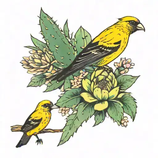 San Pedro Cactus With A Golden Finch And Mountains Laurel Flowers