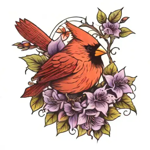 Cardinal With Purple Flowers