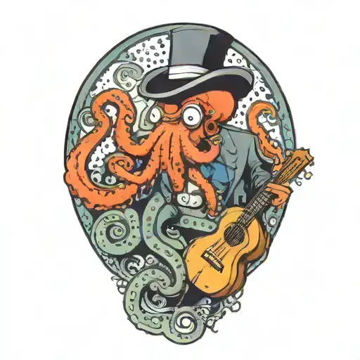 An Octopus In A Top Hat Playing A Guitar On His Shoulder And Holding A Diving Tank