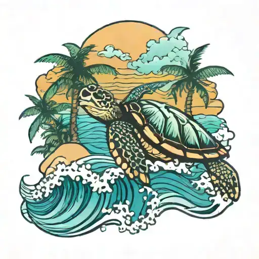 Beach With Palm Trees Sea Turtle Waves